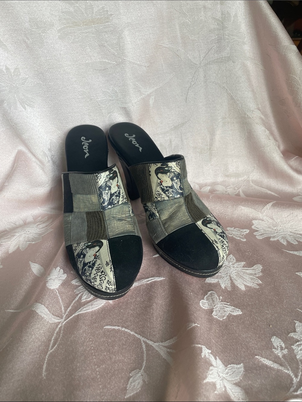 Vintage ICON Patchwork Slip-On Mules in Black and Gray